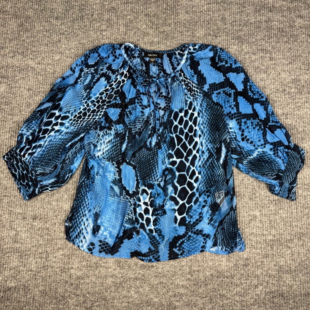 Karen Kane Blouse Womens L Sheer Blue Snakeskin Print Contemporary Chic Flowy